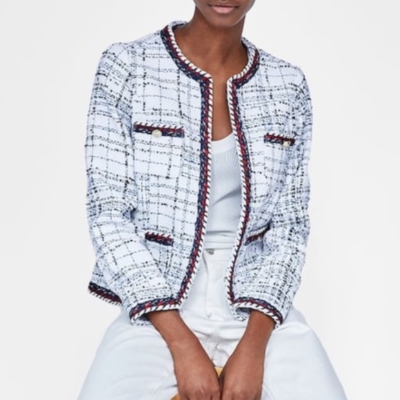 Zara White Blue Tweed Blazer (Size S) - Picture 1 of 3